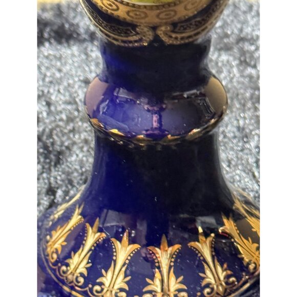 Vintage Lemonge France Hand-Painted Cobult Blue & Gold Porcelain Candle Holder - Picture 4 of 9